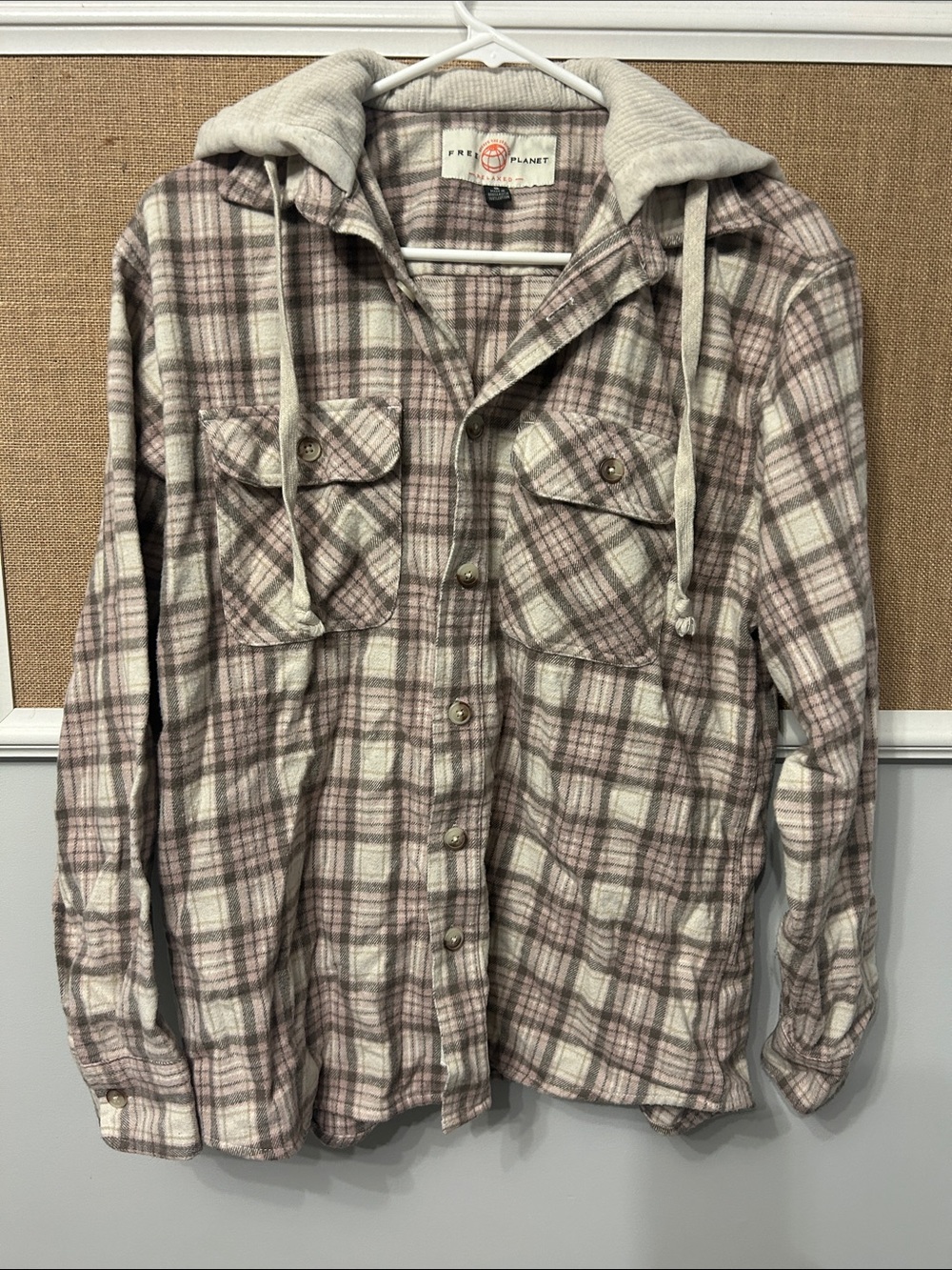 Free Planet Plaid Hooded Button-Down Shirt Jacket in Tan and Pink